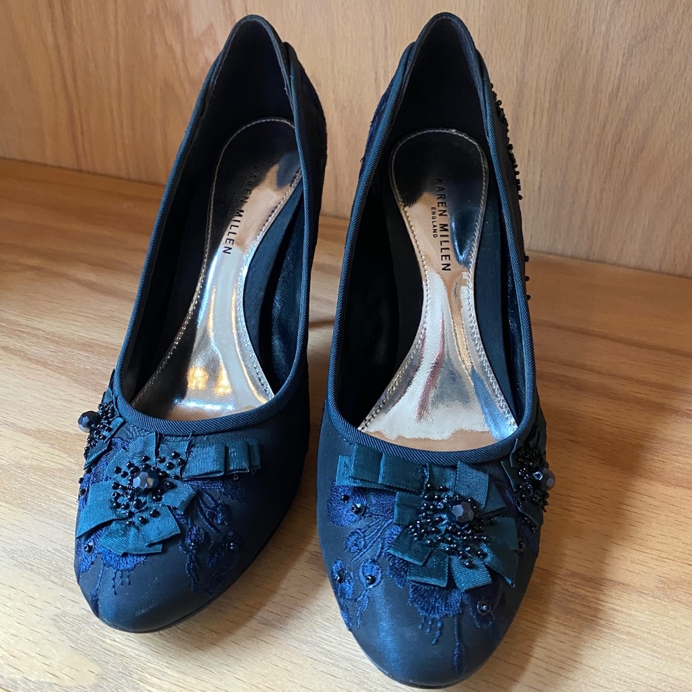 Vintage Karen Millen Teal Blue Silk Evening Pumps